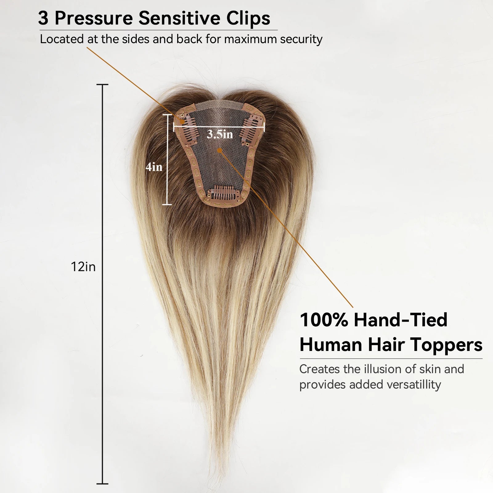 100% Remy Human Hair Toppers Ombre Light Brown Blonde Middle Part Human Hair Pieces for Women with Thinning Hair Clip in Toppers