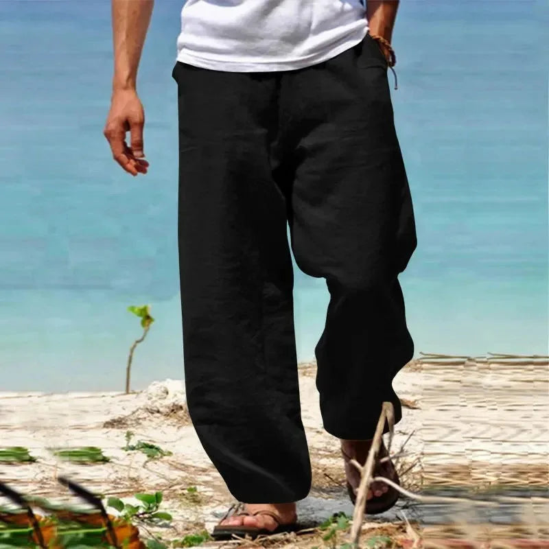 Men's Linen Cotton Pants Straight Leg Breathable Lightweight Beach Style Cozy Trousers Casual Spring Summer Pants
