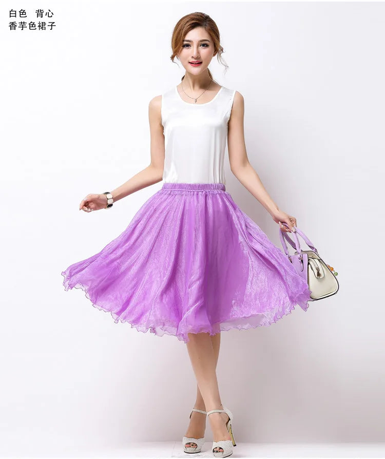 Summer Women Silk Tutu Skirts Chiffon Pleated Dance Beach Wedding Party Skirt Black White Elastic High Waist Midi Skirts