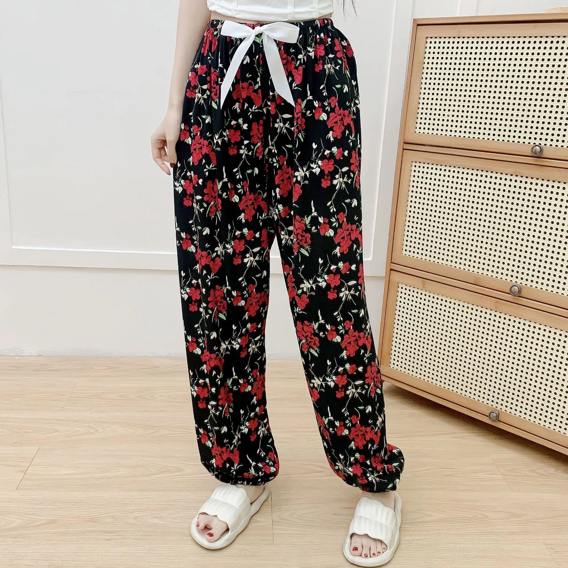 New Korean Style Pants Summer Cropped Trousers Women's Flower Home Clothes Loose Wide Leg Pants Casual Beach Outfits Sweatpants