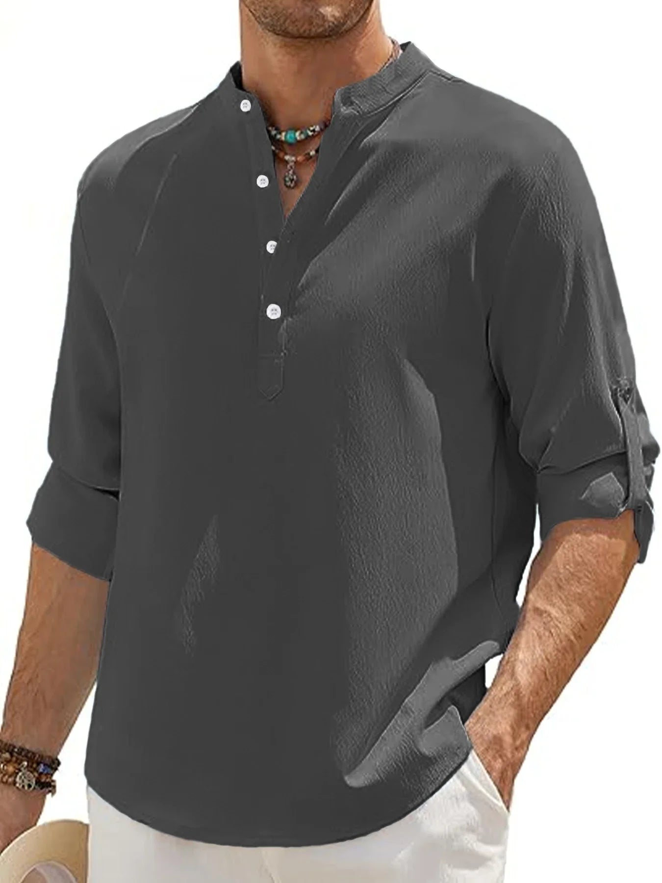 Men's Linen Shirt Summer 2025 Casual Short Sleeve Breathable Stand Collar Loose Fit Trendy Solid Color Youth Top with Pocket