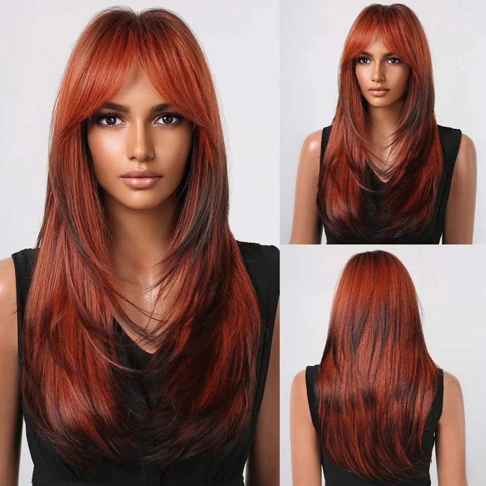 ALAN EATON Long Straight Layered Synthetic Wigs with Bangs Blonde Highlights on Brown Wigs for Black Women Afro Daily Party Hair