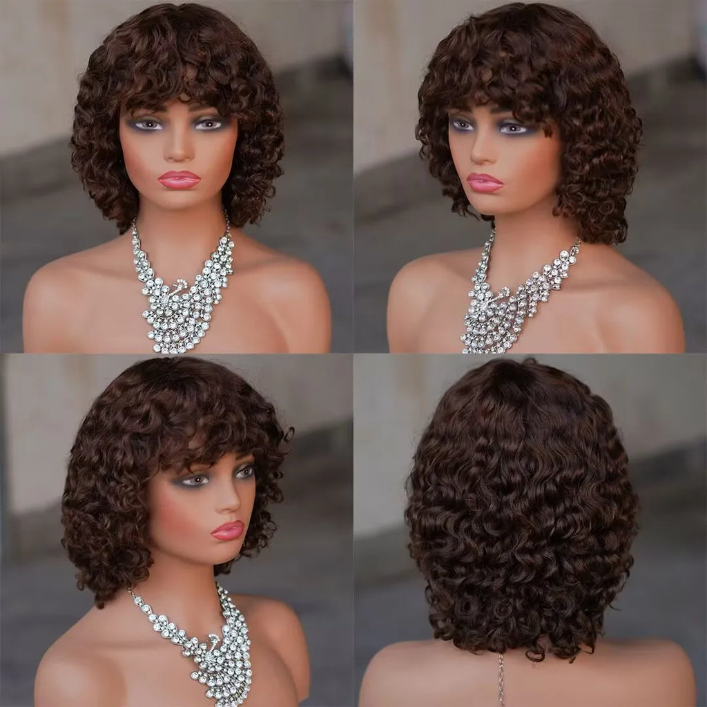 #4 Brown Deep Wave Short Bob Wigs Wear and Go Pre plucked Curly Hair Bob Wig Human Hair Glueless Wigs With Bangs Machine Made