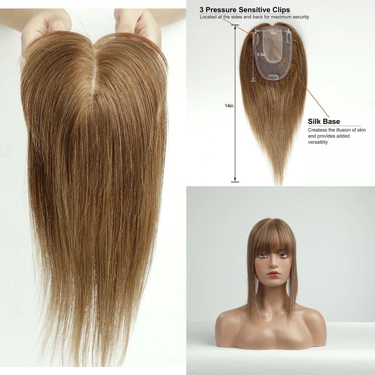 14 Inch Brown Silk Base Remy 100%Human Hair Toppers Clip-In Top Hairpiece for Women Natural Straight Hair Extensions