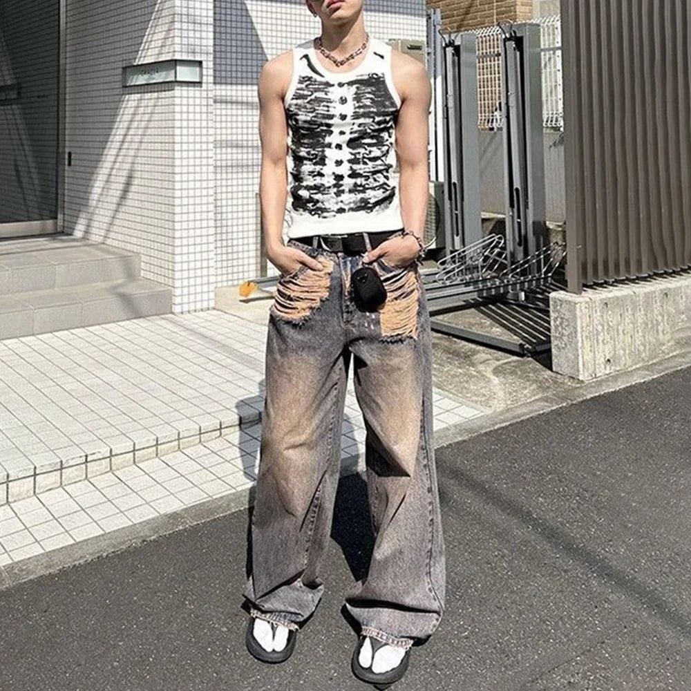 Mens Street Tie-Dye Tight-Fitting Sports Vest Genderless Sexy Fashion Youth Trendy Casual Printed Comfortable Vest Unisex