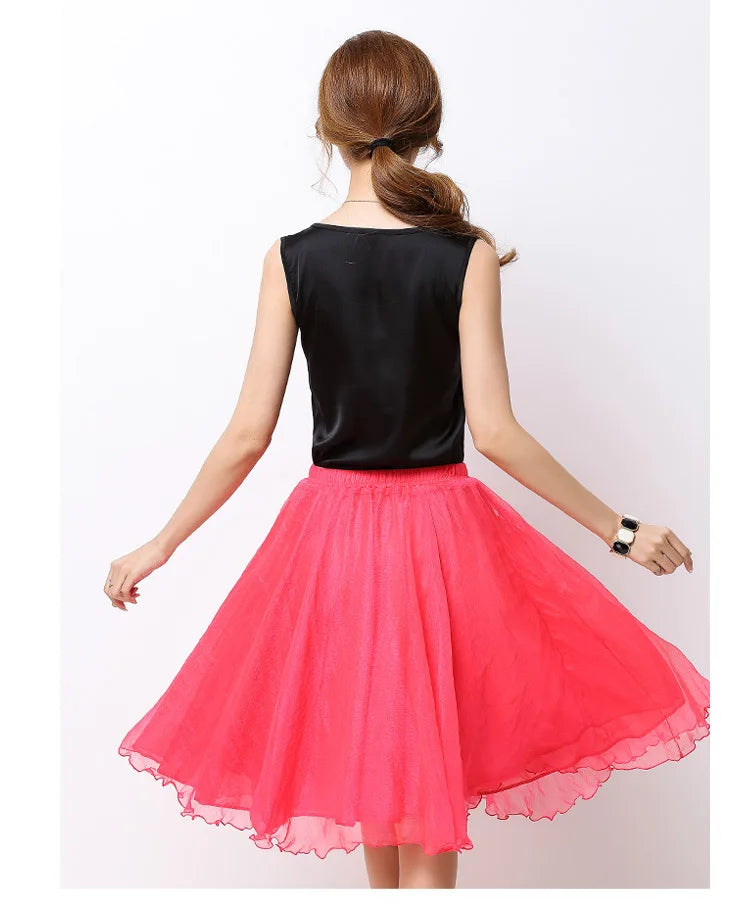 Summer Women Silk Tutu Skirts Chiffon Pleated Dance Beach Wedding Party Skirt Black White Elastic High Waist Midi Skirts