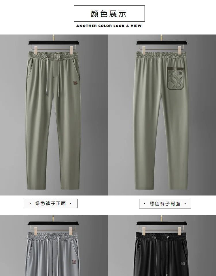 High end brand men's fashionable embroidered casual pants 2024 summer new cool silk breathable luxury solid color sports pants