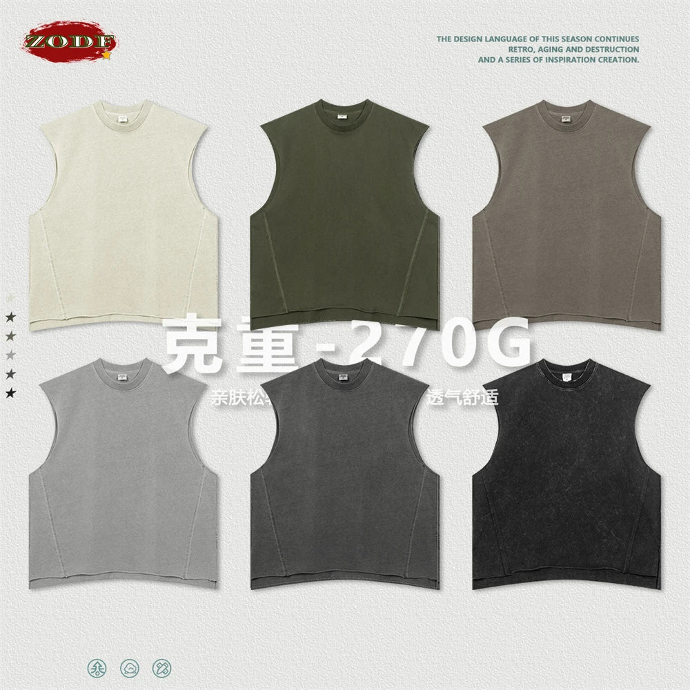 ZODF Vintage 2024 Washed 270gsm Cotton Tank Tops For Men Unisex Summer Relax Fit Slit Sleeveless Vest Streetwears HY0777