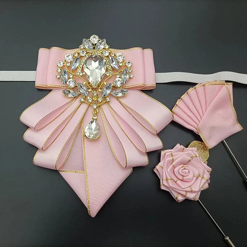 Vintage British Banquet Suit Shirt Collar Flowers Luxury French Men's Jewelry Bow Chest Clip 3-piece Set Wedding Bows Brooch Set