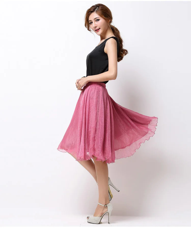 Summer Women Silk Tutu Skirts Chiffon Pleated Dance Beach Wedding Party Skirt Black White Elastic High Waist Midi Skirts
