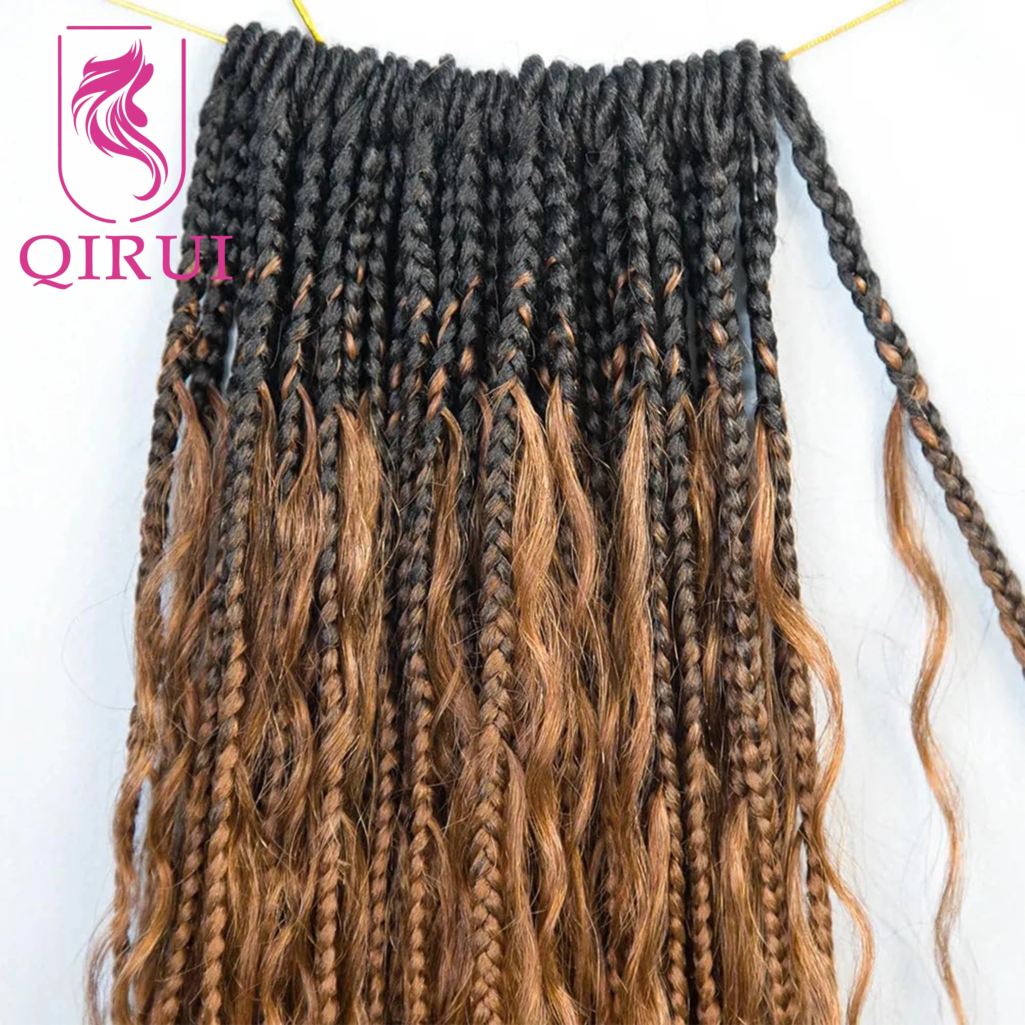 Ombre Brown #1B/30 Boho Crochet Box Braids with Human Hair Curls Deep Wave Pre Looped Box Braids Full Ends Hair Extensions