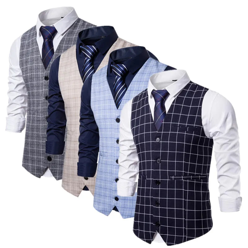 New Men Business Social Checkered Suit Vest Loose Top Homme Wedding Ball Party Dress Waistcoat