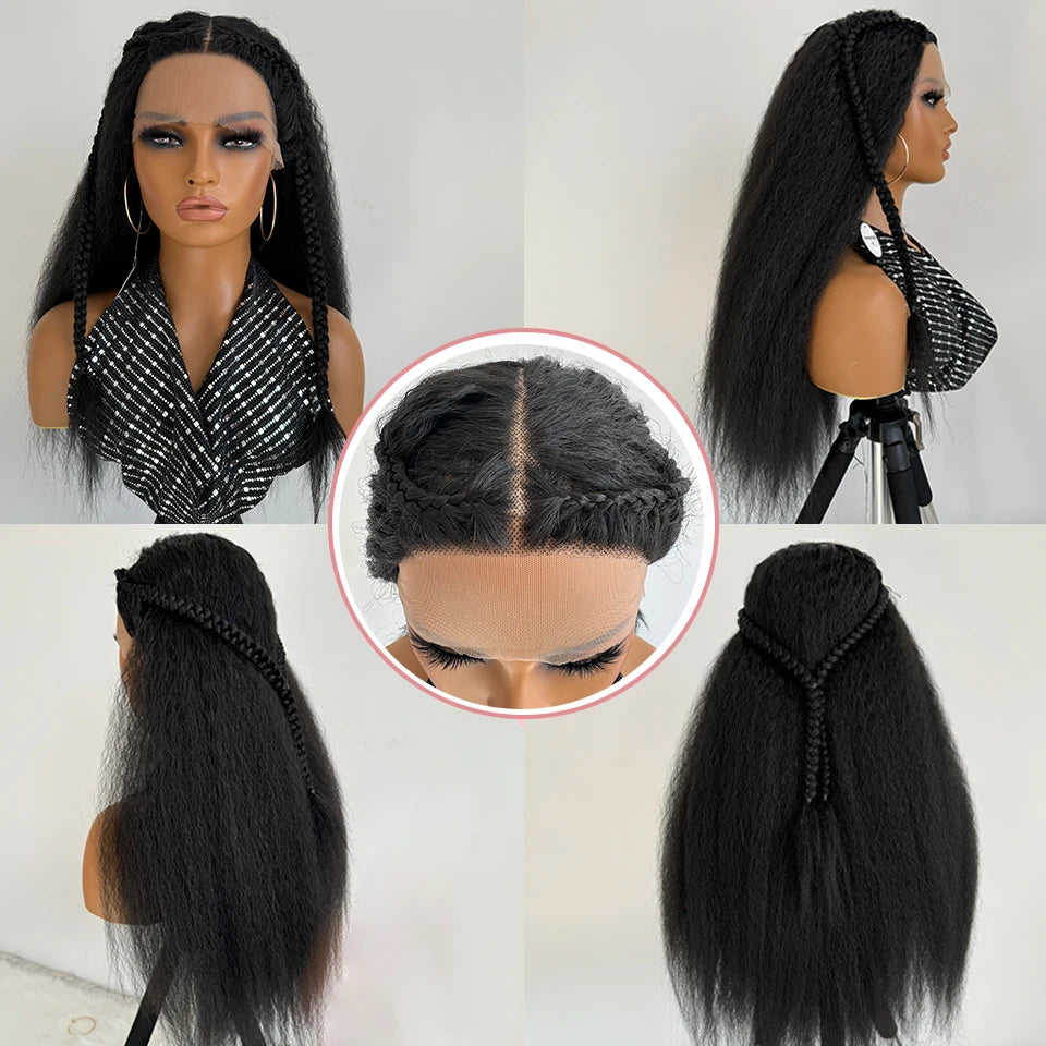 Kinky Straight Lace Front Wig T-Part 28Inch Synthetic 13x5x1 Long Lace Wigs Afro Yaki Straight Wigs Ombre Brown For Black Women