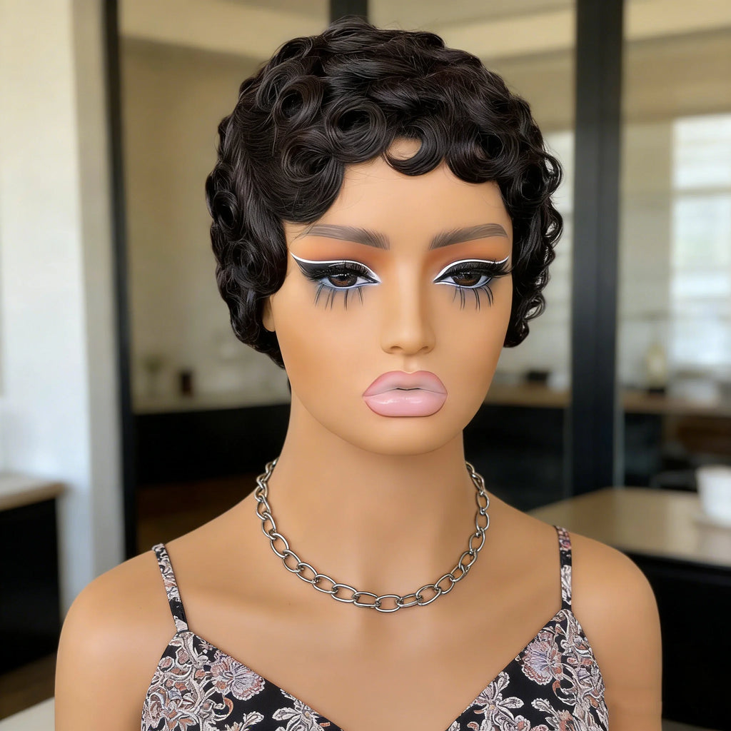 Pixie Cut Wigs for Women Short Layered Wigs Full Machine Made Side Part Wig Short Haircut Wig with Bangs Black Color 1B