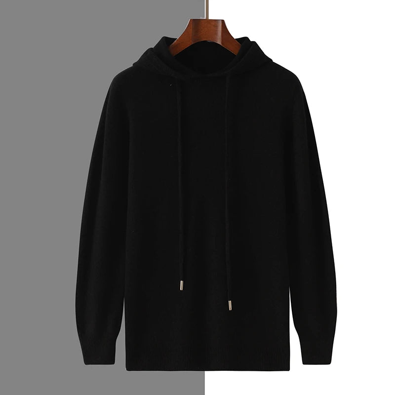 Men's Autumn Winter 100% Merino Wool Sweater Hooded Collar Knitted Pullover Cashmere Sweatshirt Casual Large Tops Long Sleeved