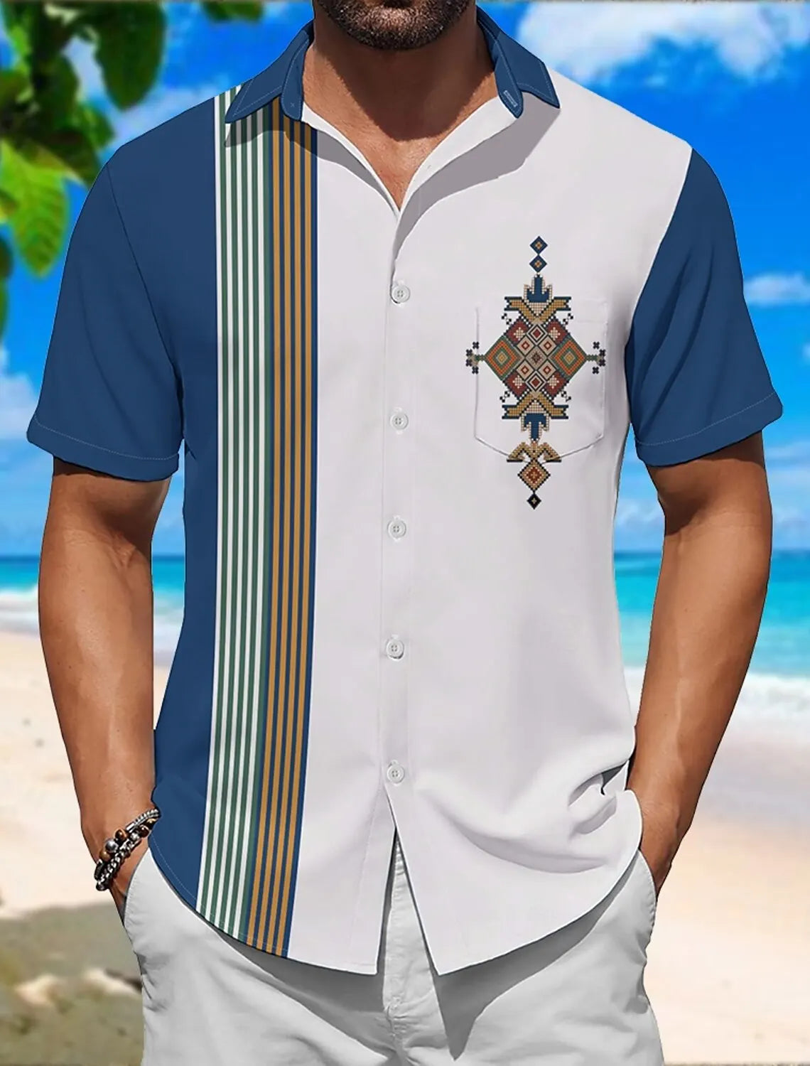 Men's Color Block Line Short Sleeves Artistic Casual Comfortable Outdoor Vacation Street Spring Summer Shirt Collar Printing