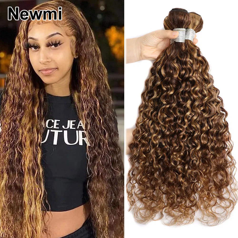 Water Wave Weave Highlight Bundles Human Hair  Brown Hair Highlighted Honey Blonde Human Hair Bundles 1 3 4 Pcs Colored Weaves