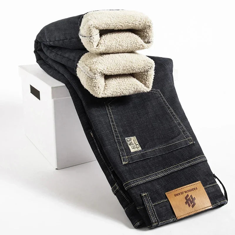 Winter Lamb Fluff Denim Straight Pants Men Thicken Big Size 40 Jeans High Waist Stretch Jeansy Fleece Lined Warm Slim