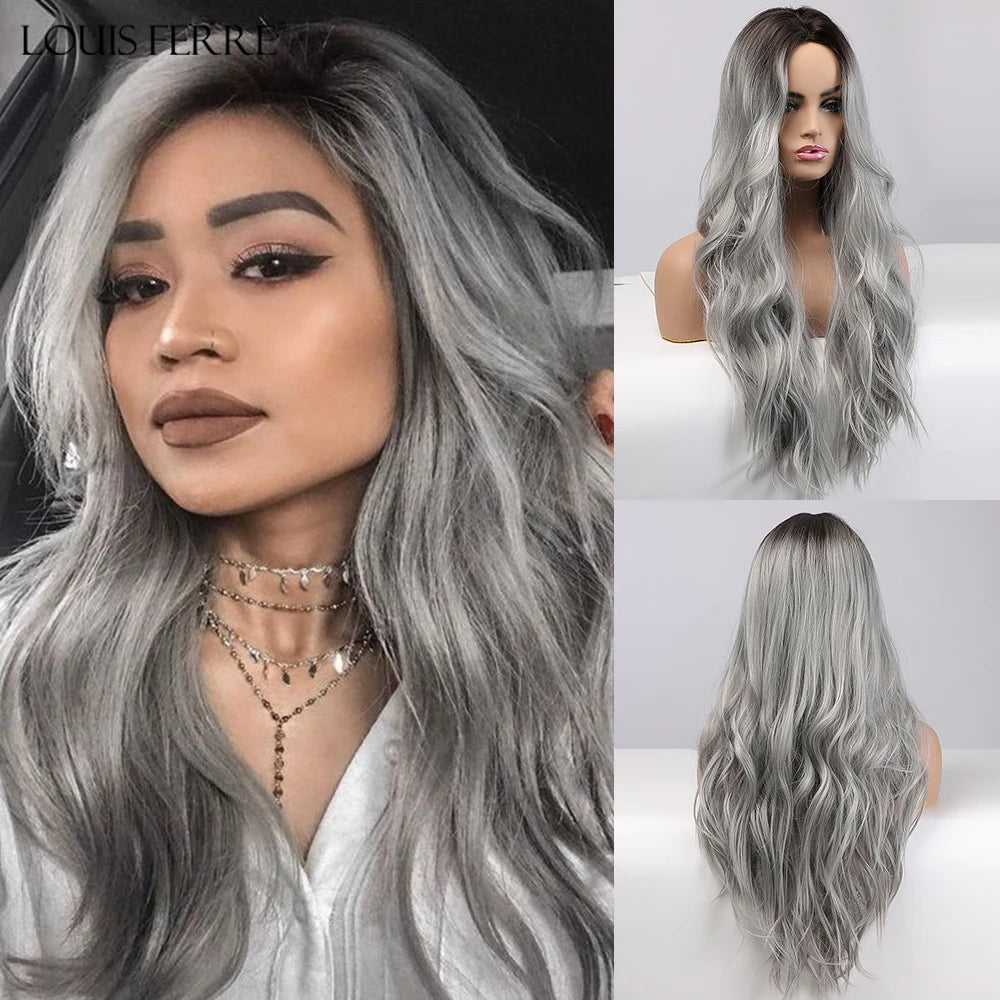LOUIS FERRE Brown Blonde Highlights Wigs For Women Daily Long Wavy Curly Synthetic Wigs Natural Heat Resistant Hair With Bangs
