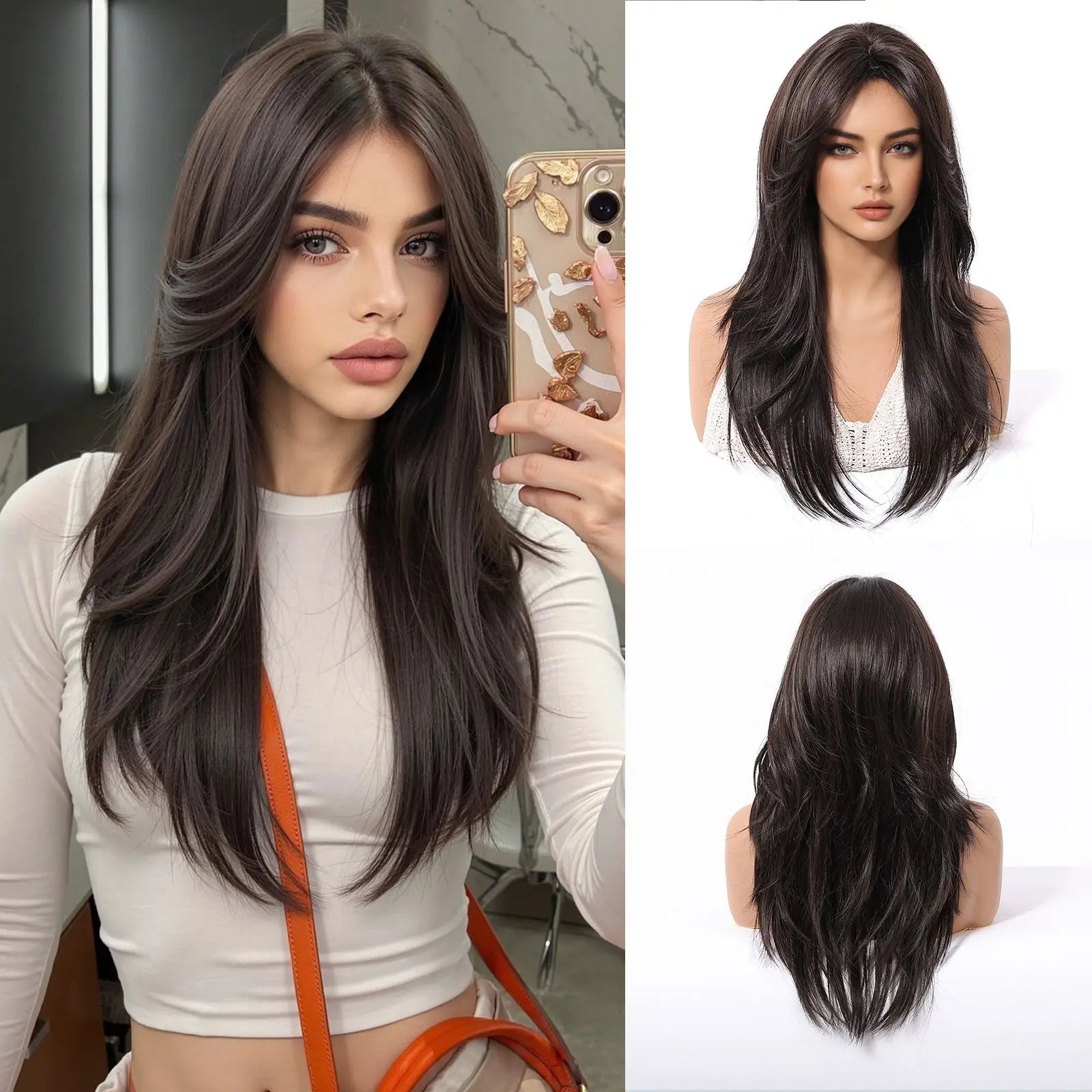 EASIHAIR Brown Straight Layered Wigs for Women Long Natural Hair Synthetic Wigs With Bangs Daily Use Party Heat Resistant Wigs