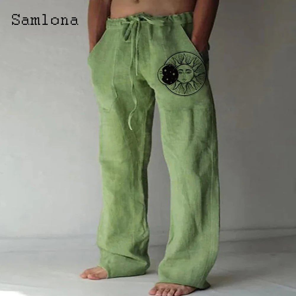 Samlona 2025 Men's Pocket Design Linen Pants Drawstring Loose Trouser Plus Size 3xl Mens Fashion Birds Feather Print Sweatpants