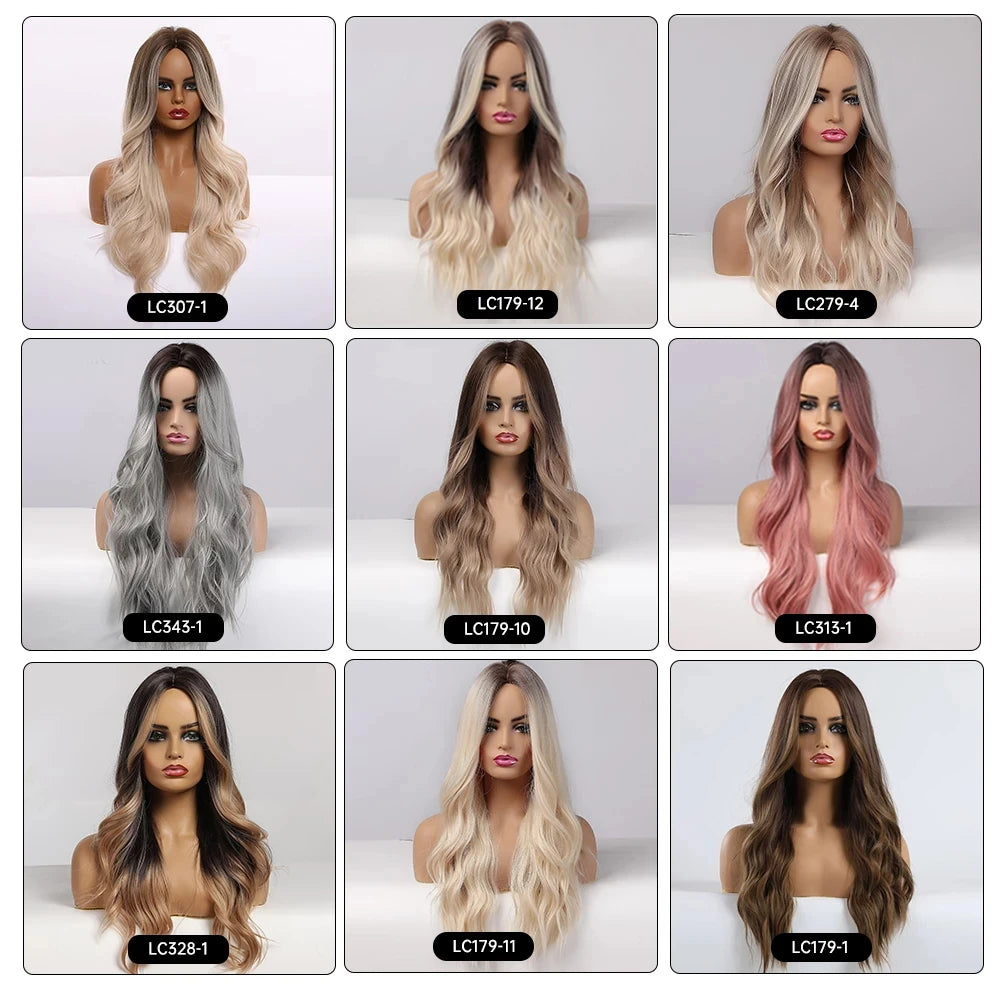 EASIHAIR Ombre Brown Light Blonde Platinum Long Wavy Middle Part Hair Wig Cosplay Natural Heat Resistant Synthetic Wig for Women