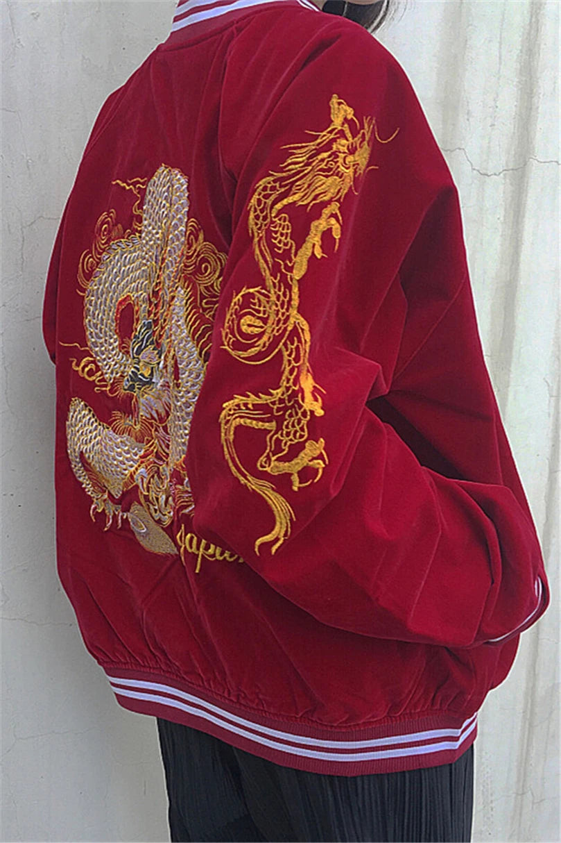 Unisex Spring Autumn Velveteen Baseball Jacket Men Women Luxury Sukajan Dragon Embroidery Bomber Coat Japanese 2026 Z1