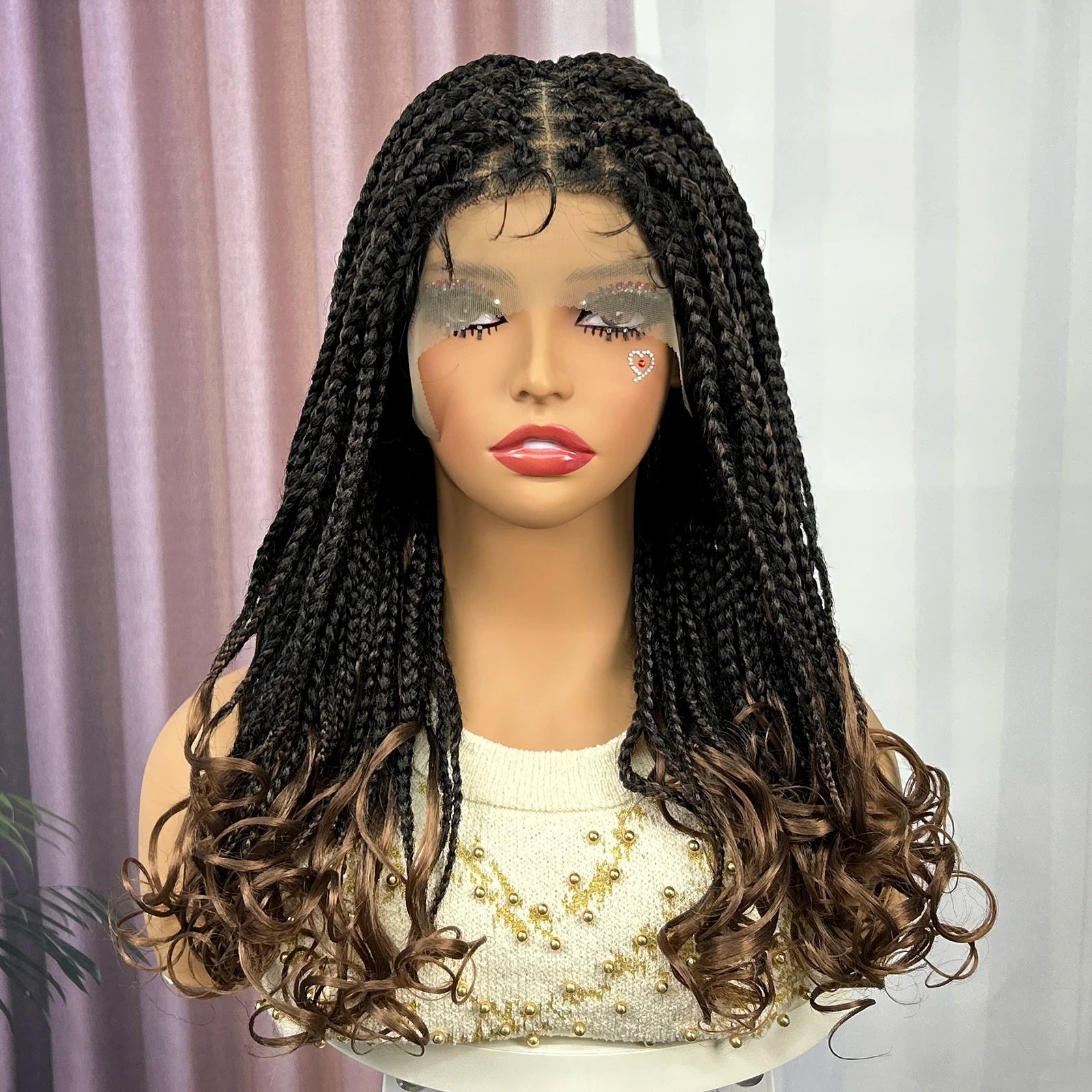 Ombre Synthetic Lace Front Square Knotless Box Braided Wig with Wavy Ends Lace Frontal Braids Wig with Baby Hair for Black Women