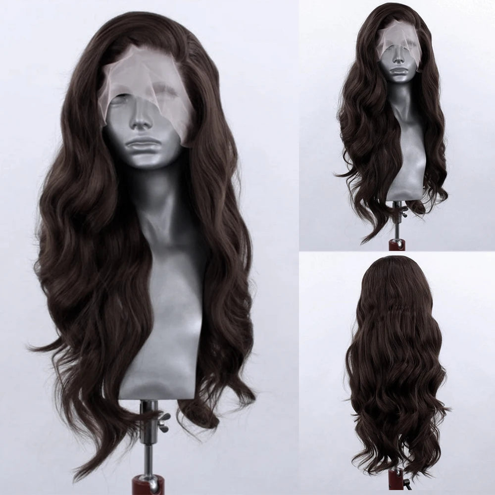 Brown Wave Wig Synthetic Lace Front Wigs For Women Long Deep Wave Lace Hair Frontal Wig White Wig Orange Heat Resistant Cosplay
