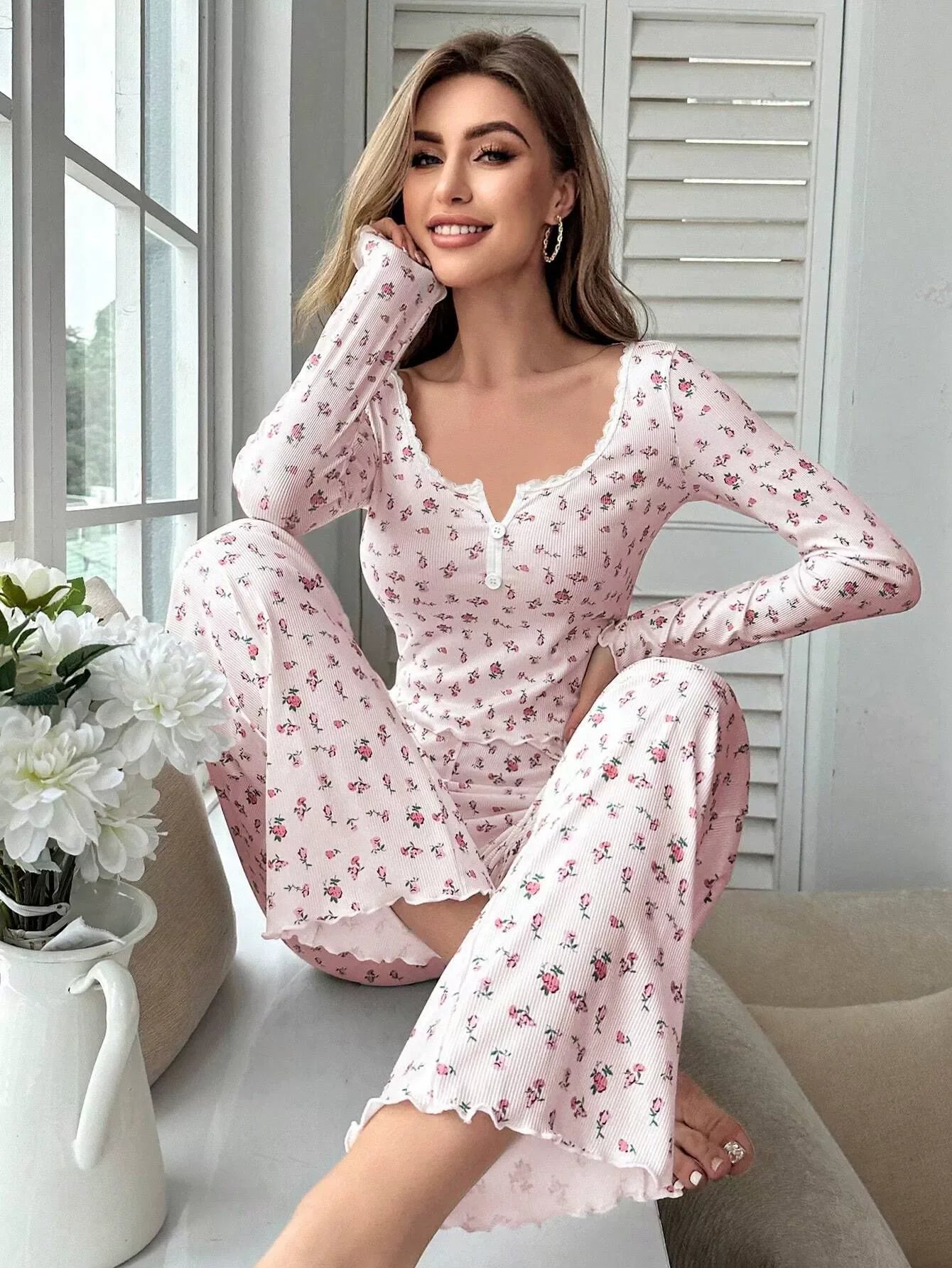 Spring Summer Women's Sleepwear Floral Print Lettuce Trim Pajamas Set Tops and Long Trousers Loungewear Nightwear