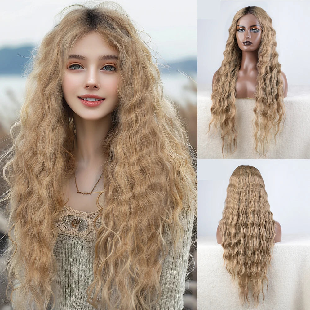Synthetic Lace Wig 30" Ombre Blonde Black Wig  Wig Long Wavy 30 " Hair Lace Wig For Women Lace Front Wig Cosplay Wig