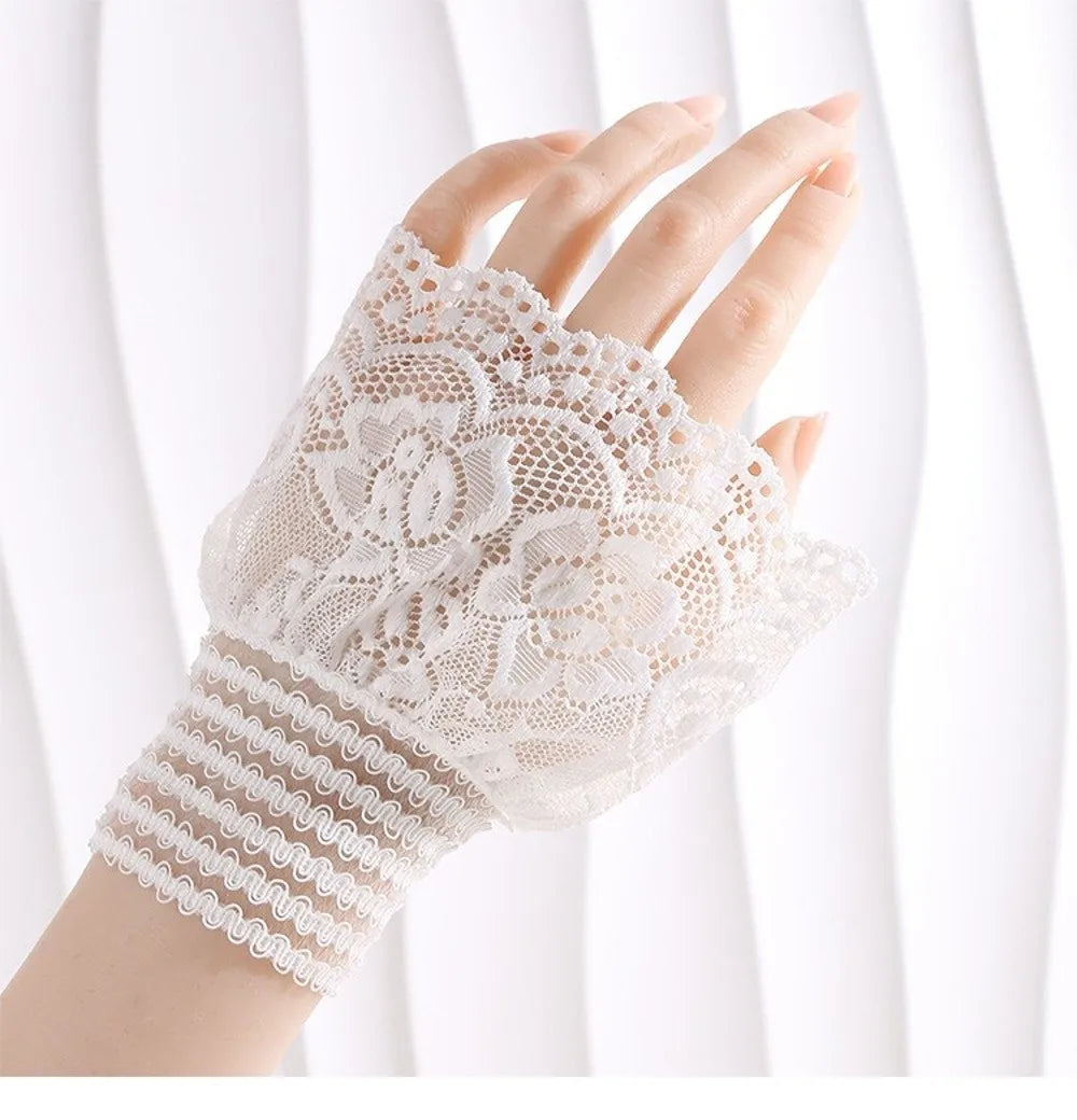 1 Pair Versatile Elegant Fake Cuffs Embroidery Pattern Detachable Lace Sleeves Solid Color Thin False Cuffs For Women