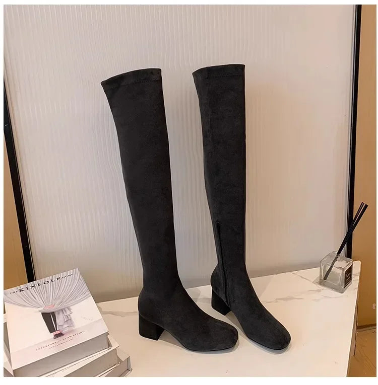 Elastic Long Faux Suede Boots Woman Over-the-knee Boots Casual Black Platform Shoes for Women Autumn Ladies Bottes 2024