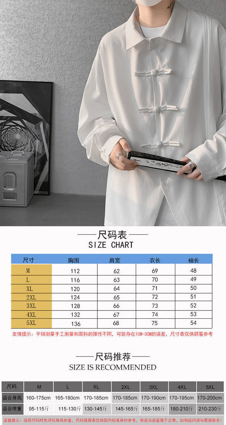 Men's Dial Buckle Solid Long Sleeve Shirt Chic Pleated Decor 2024 Spring New Loose Casual Traditional Chinese Style Clothing