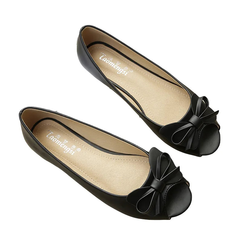 34-43 big size luxury peep toe bowtie flat shoes woman black/white leather ballet flats bow zapatos mujer primavera verano 2022