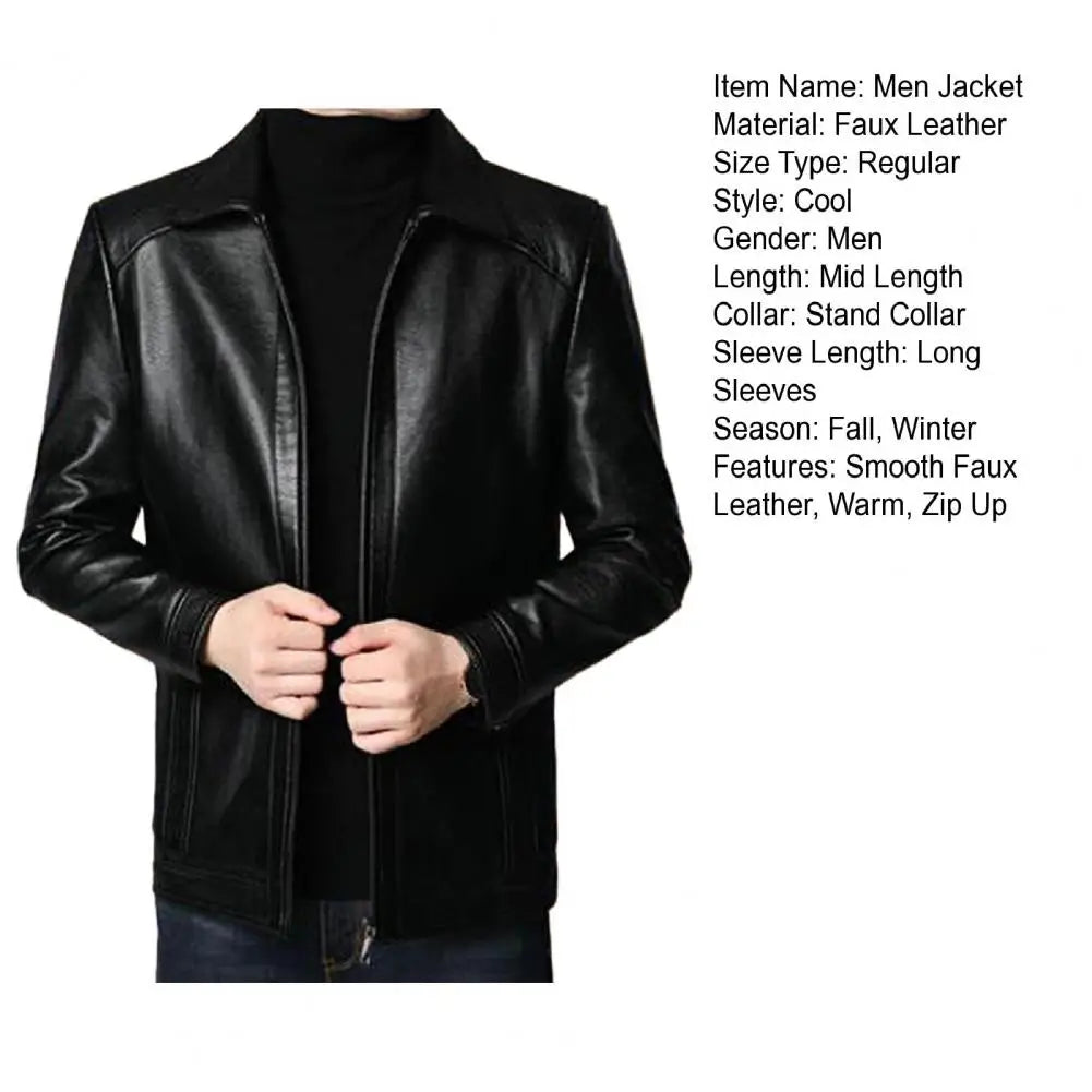 Men Faux Leather Jacket Men's Faux Leather Motorcycle Jacket with Stand Collar Thick Warm Lining Windproof Design for Autumn