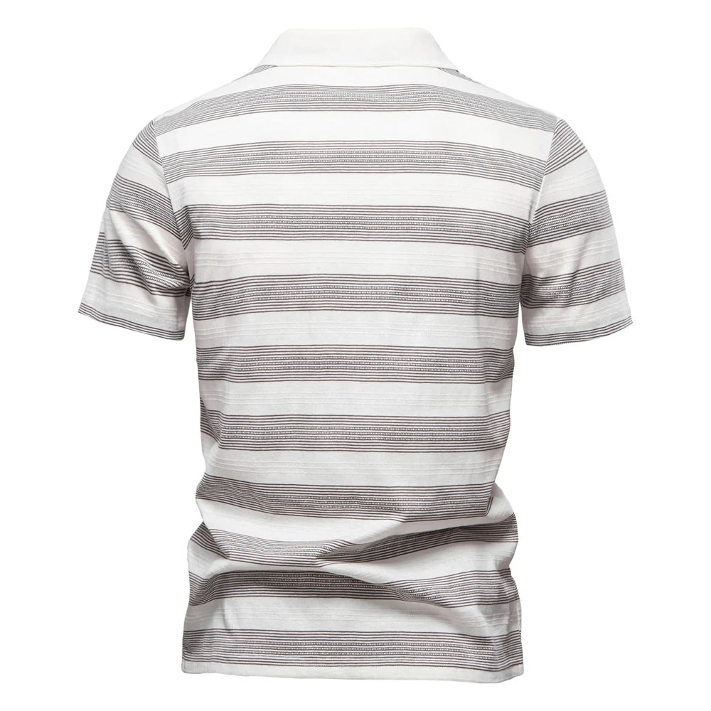AIOPESON 2025 New Summer Striped V Neck Cotton Polo Shirts for Men Breathable Short Sleeve Casual Knit Shirts Comfort Fit