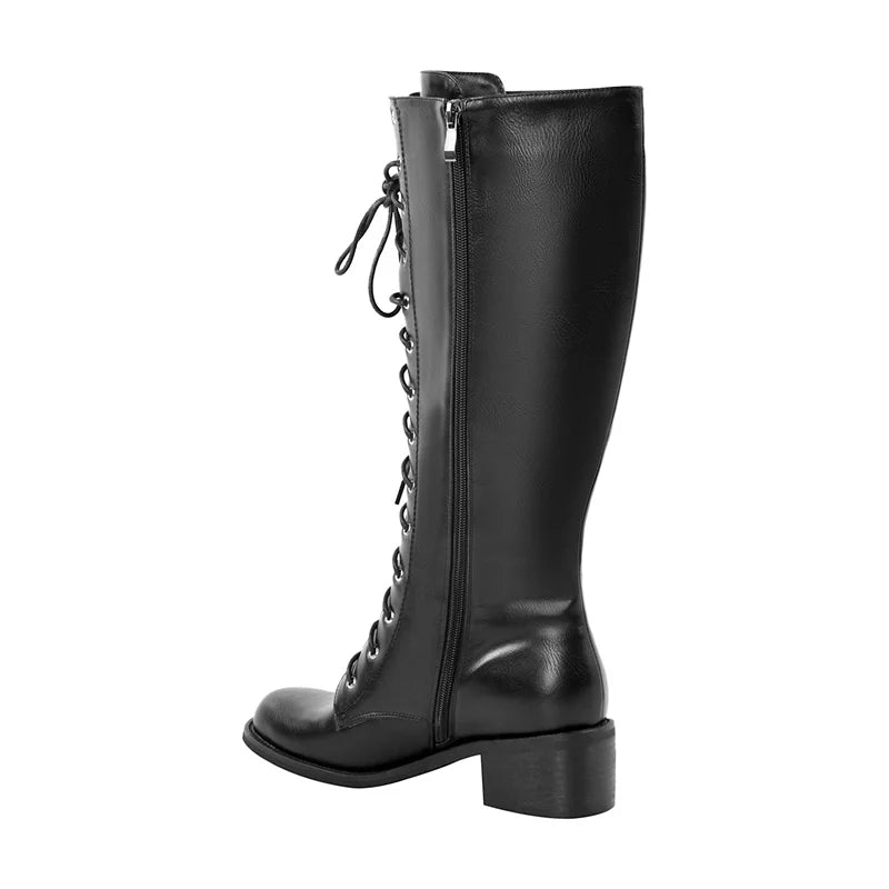 Onlymaker Women Knee High Boots Round Toe Black Matte Gothic Heeled Concise Side Zipper Winter Lace UP Motorcycle Boots