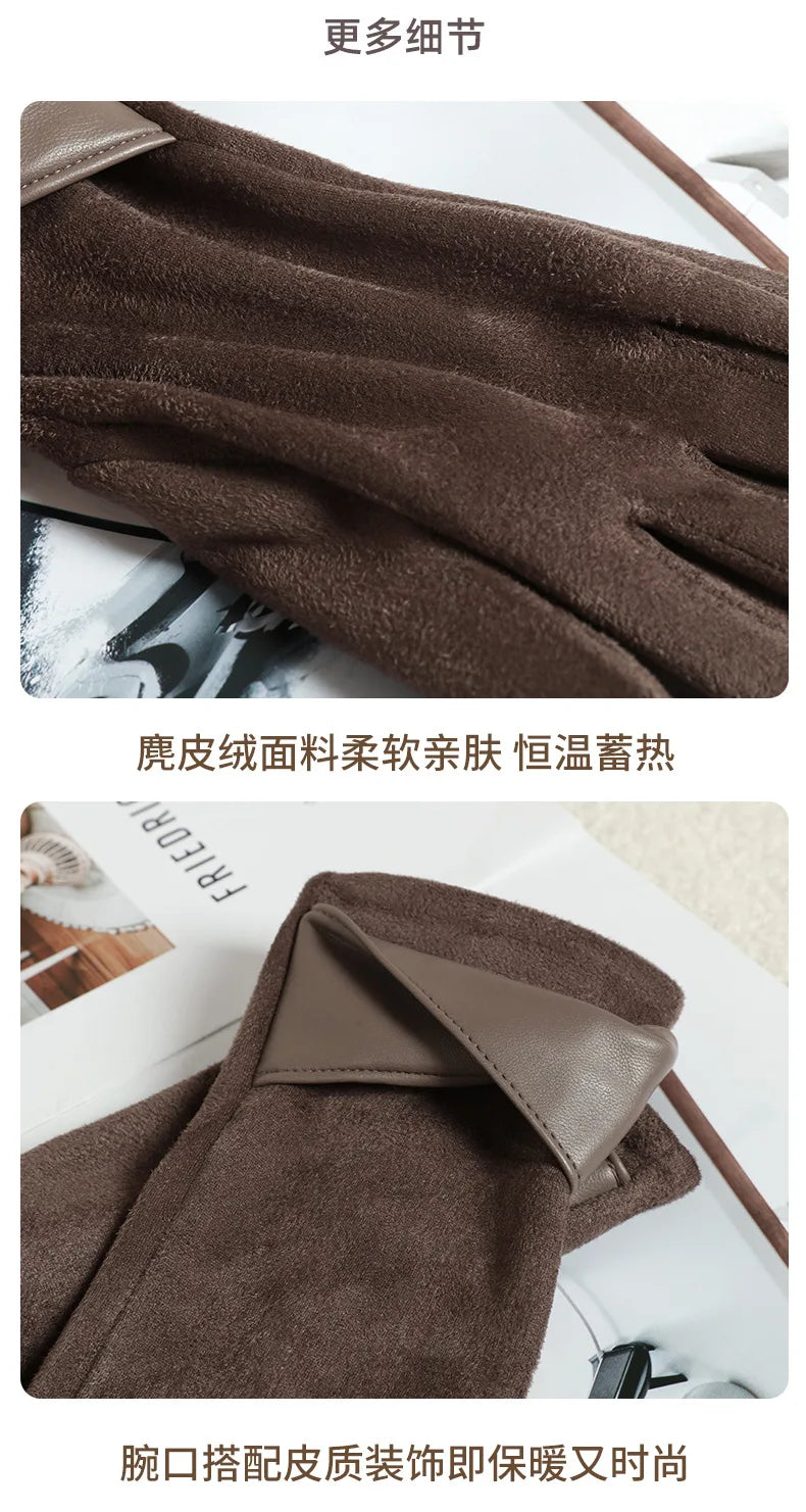New Suede Gloves for Women Winter Plus Velvet Warm Commercial Style Temperament Bow Touch Screen Riding Driving