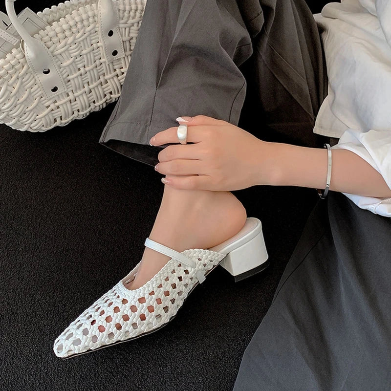 NEW Summer Women Mules Fabric Shoes for Women Pointed Toe Chunky Heel Shoes Cover Toe Slingback Shoes Soft Hollow Modern Sandals