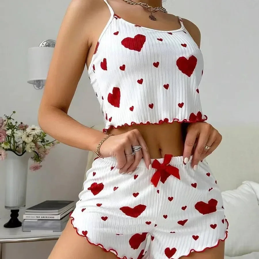 Summer New Sleepwear Women's Pajamas Set 2 PCS Soft Casual Love Printing Tank Tops and Shorts Lingerie Set Pyjamas