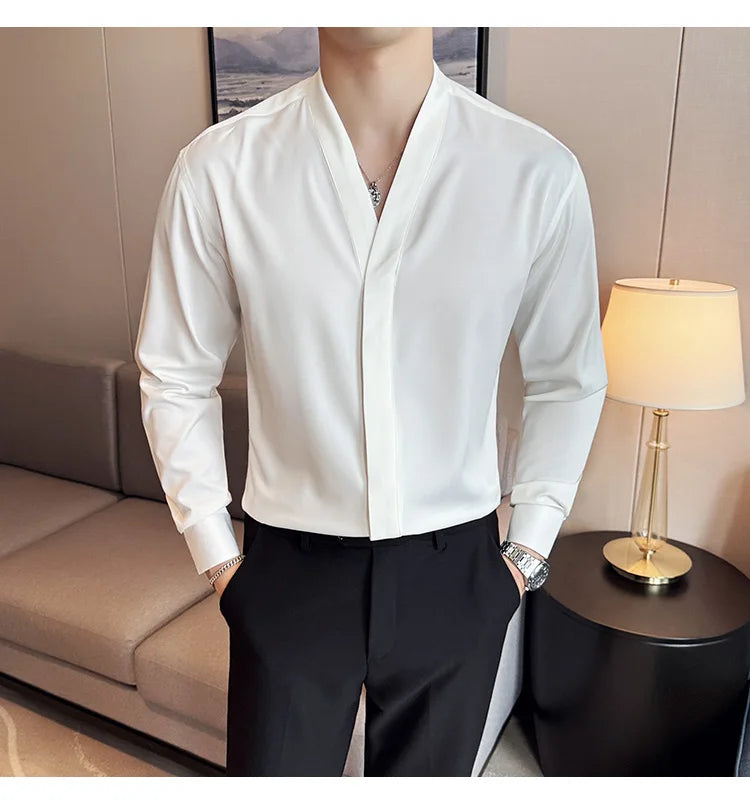 High Quality Collarless Shirts Men Fashion Slim Fit Long Sleeve Casual Shirts Business Office Social Formal Shirt Men Clothig