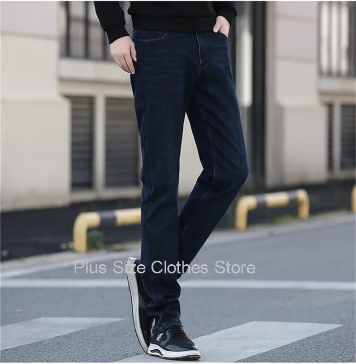 Tall Man Fleece Jeans 117CM Extra Long Stretched Plus Size 42 44 Fit Trousers Warm Autumn Winter High Waist Denim Pants Trousers