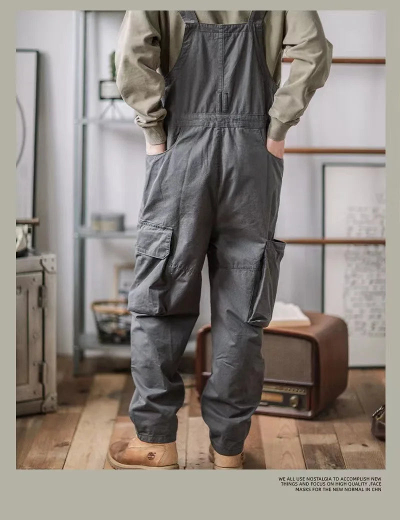 Retro American Cotton Overalls Loose Jumpsuit Men's Cargo Pants Men Suspenders Bibs Four Seasons Full Length Baggy Pants