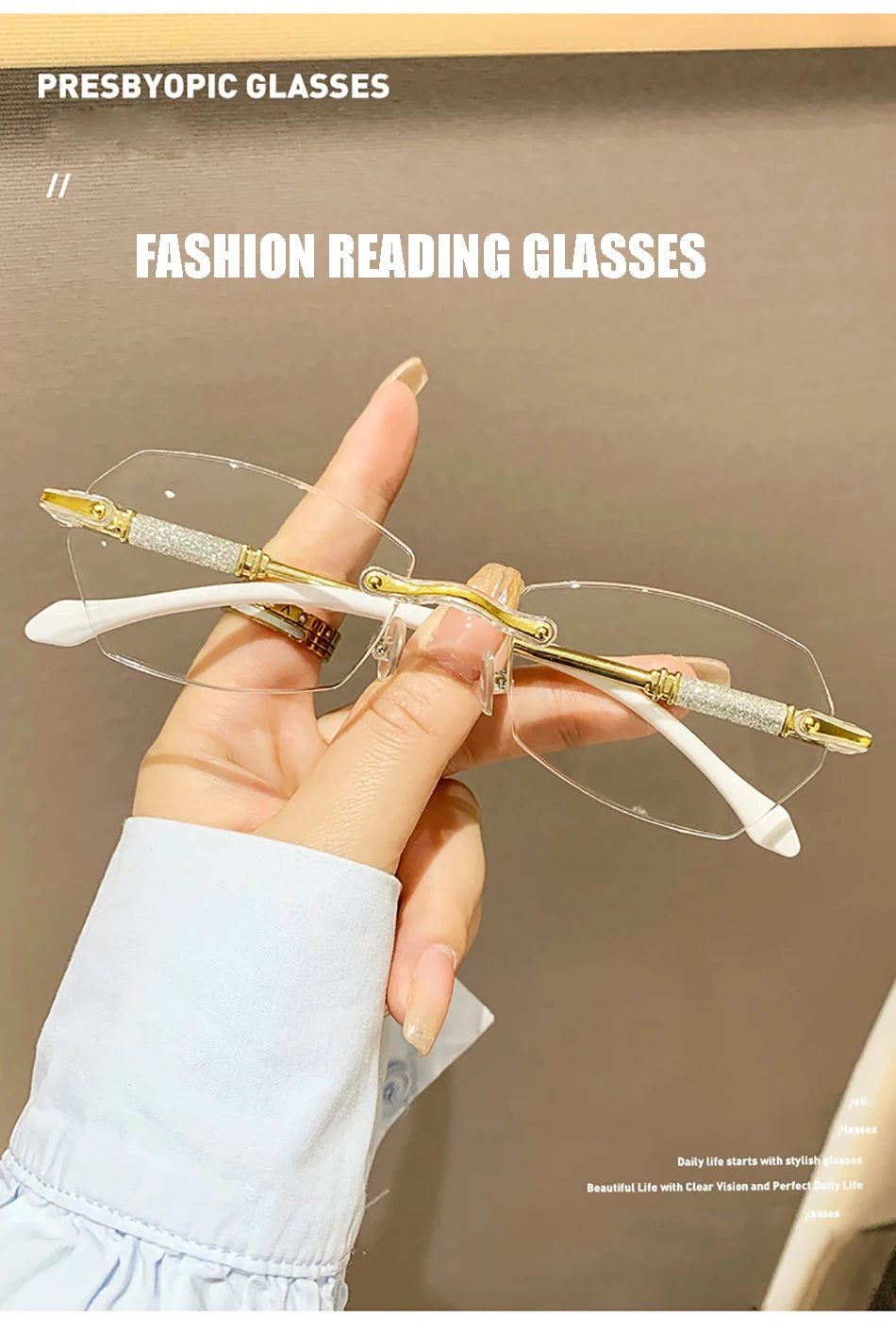 High Definition Lens Reading Glasses Women's Trendy Rimless Anti Blue Light Farsighted Eyewear Prescription Diopter Eyeglasses