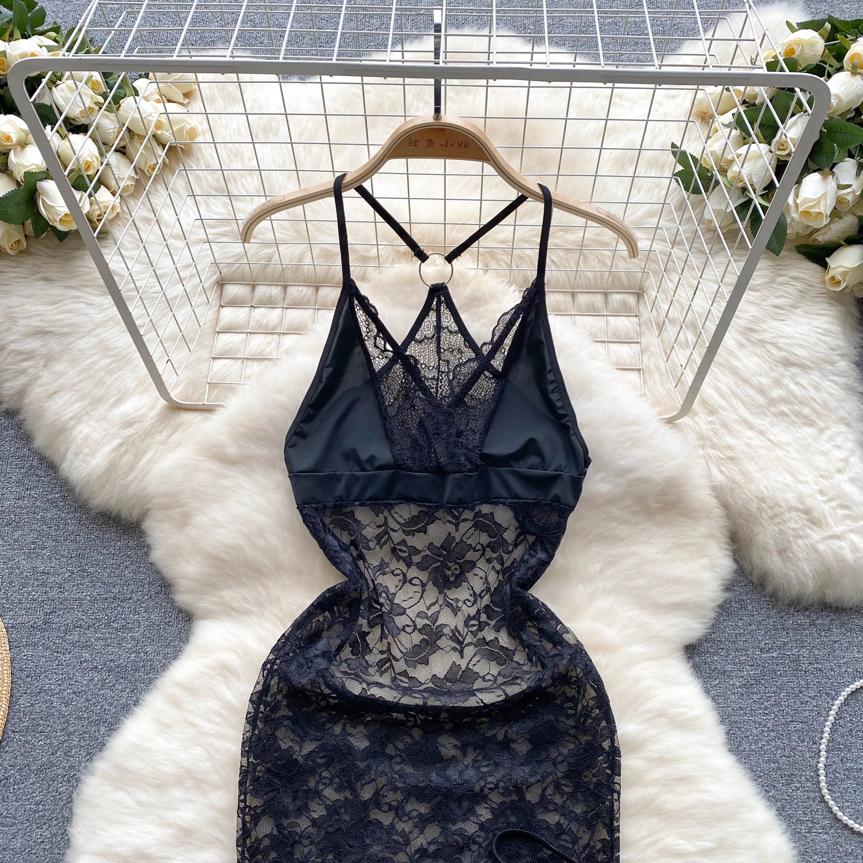 SINGREINY Summer France Sensual Night Dress Erotic Hollow Out Camis Lingerie Nightwear Women Split Slim Sheer Lace Pajamas Dress