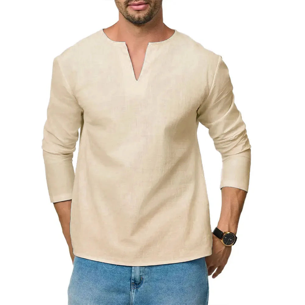 Men's Cotton Linen Long Sleeve T-Shirt Breathable V-neck Casual Slim Fit Solid Color Lightweight Male Casual Cozy Tees