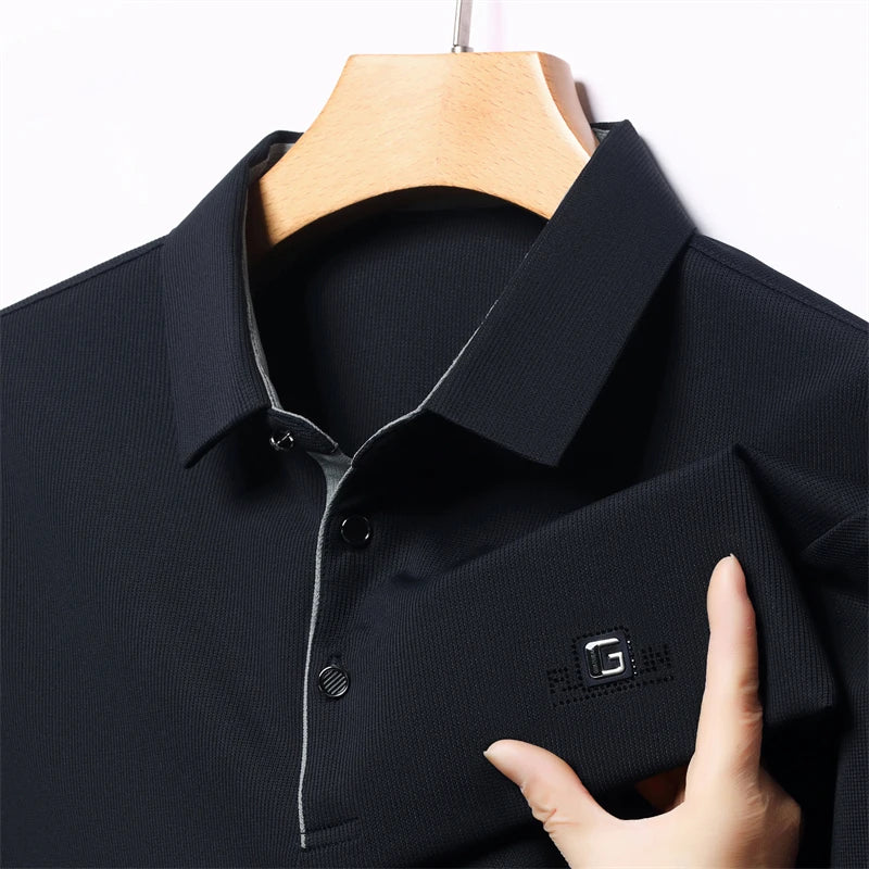 New Men's Business Casual Short Sleeved Shirt with Badge Solid Color Polo Shirt Fashionable Breathable Comfortable Versatile Top