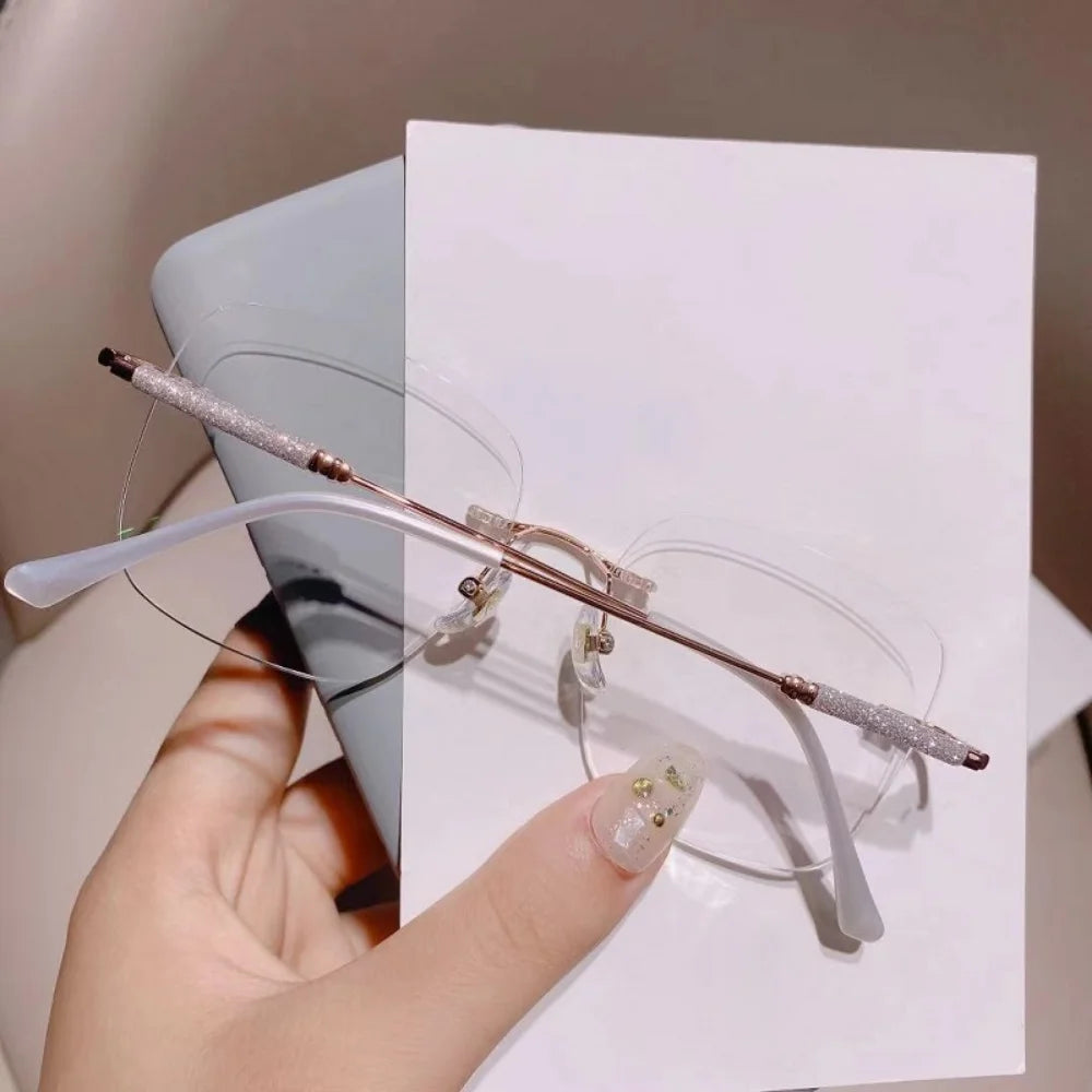 Anti Blue Light Myopia Glasses Women Eyeglasses Computer Glasses with Diopters 0 To -4.0 Shiny Rimless Frame Glasses