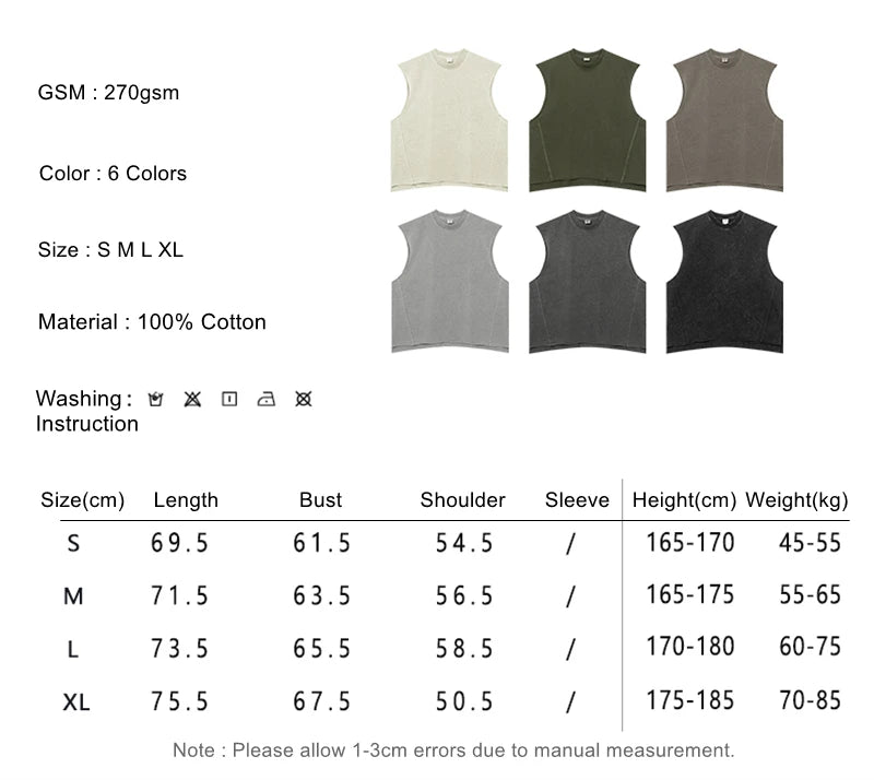 ZODF Vintage 2024 Washed 270gsm Cotton Tank Tops For Men Unisex Summer Relax Fit Slit Sleeveless Vest Streetwears HY0777